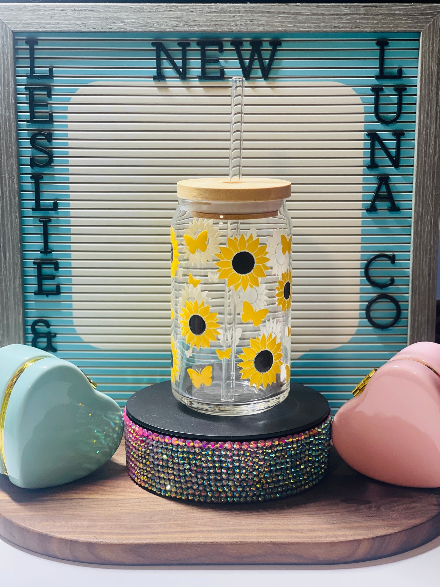 Butterflies and Sunflowers 16oz Glass Can