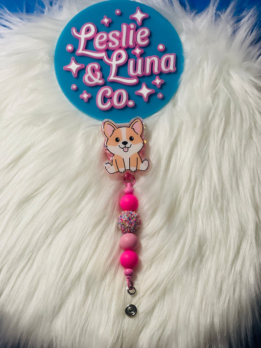 Sitting Corgi Beaded Badge Reel