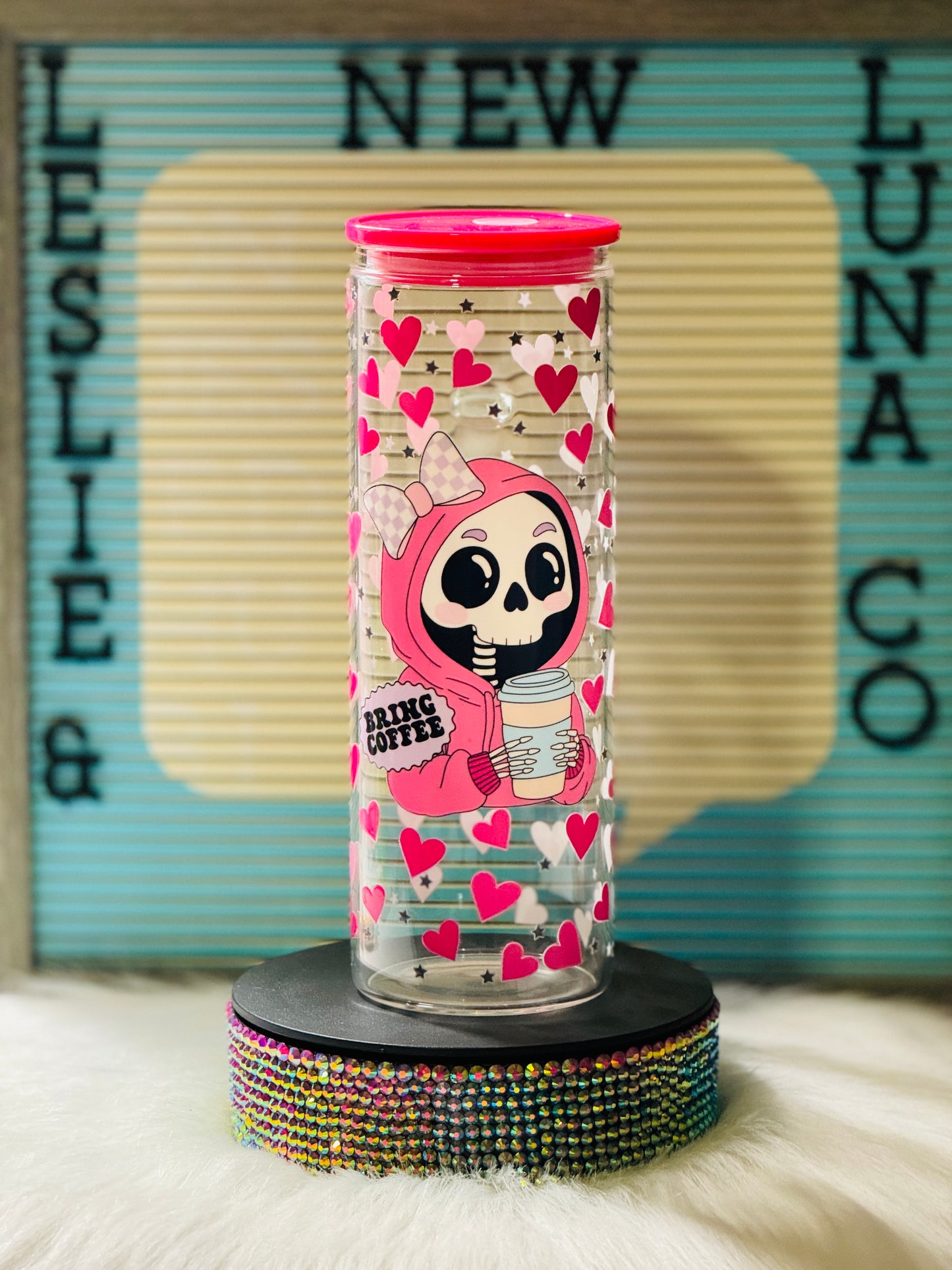 Bring Coffee Pink Hoodie Skeleton Tall Clear 20oz Cup